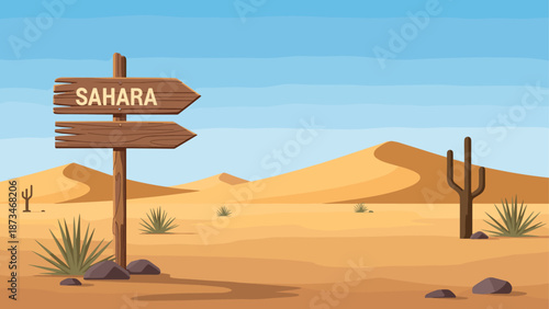 Desert landscape with wooden sign and cactus in scenic sahara setting