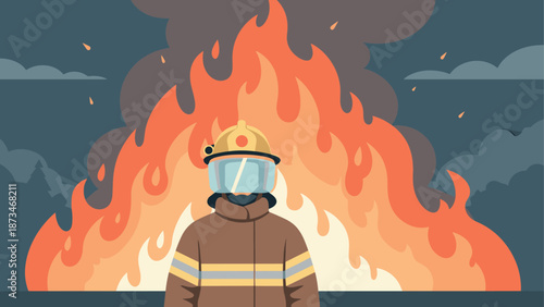 Firefighter in protective gear facing massive blaze with dark smoke background