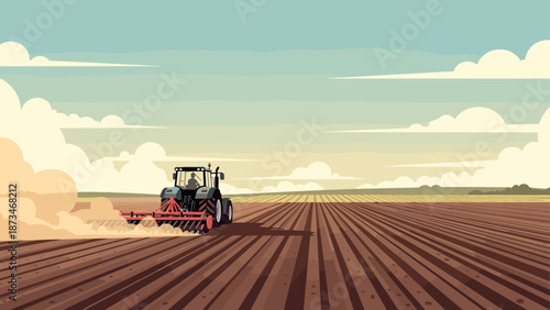 Tractor plowing field with beautiful sky in retro style illustration