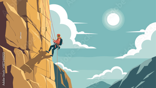 Rock climber scaling sunny mountain cliff in adventure landscape scene