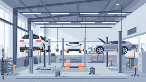 Modern car repair garage with lifts and tools in an industrial setting