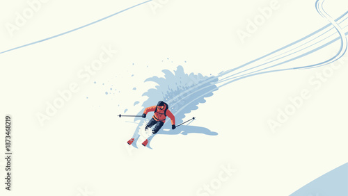 Skier carving through snow in simplistic, minimalist style in winter landscape