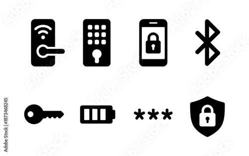 Smart home security icons including smart lock, keypad, phone, key, and battery