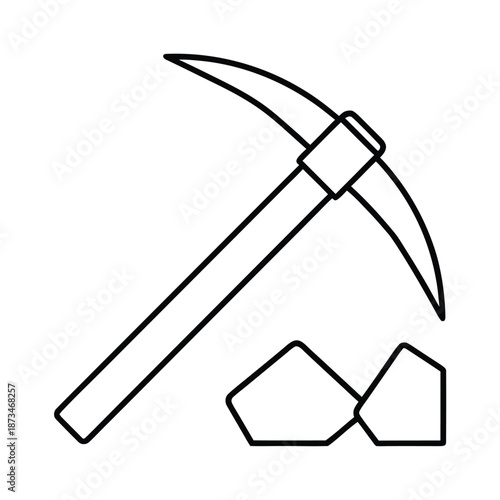 Simple black line art icon representing a pickaxe tool and two detached rock or mineral pieces used for excavation or mining purposes in construction or geology