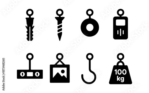 Collection of black icons representing various hanging and fastening hardware and tools