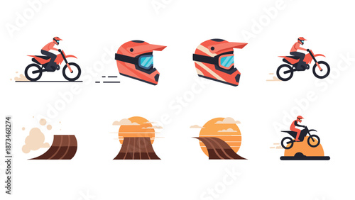 Motorbike adventure elements: riders, helmets, tracks, and sunsets in flat design