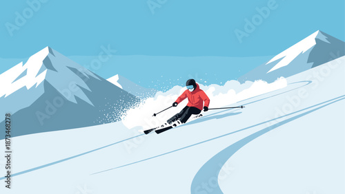 Dynamic winter adventure: skier speeding down snowy mountain in minimalist style