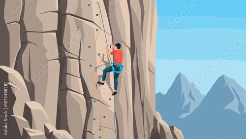 Climber scaling rocky cliff in distinctive flat style with majestic mountain scenery