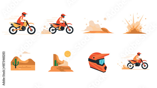 Off-road motorcycle adventure with desert elements and helmet set in flat design