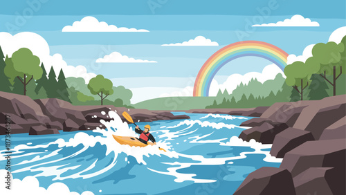 Kayaking adventure in a colorful landscape with rapids and rainbow