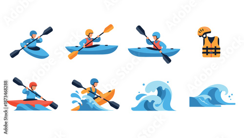 Colorful flat design of kayaking adventure with paddlers and waves