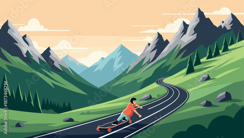 Longboarding adventure on mountain road with stunning alpine scenery