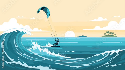 Dynamic kiteboarding adventure on ocean waves at sunset with tropical island in background