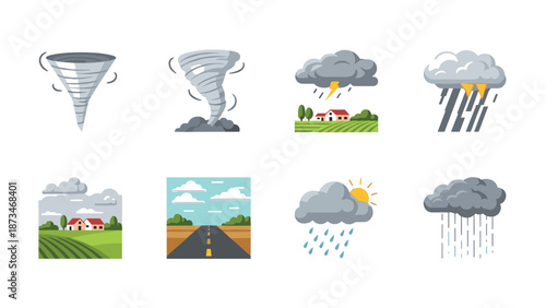 Weather elements: tornado, thunderstorm, rain, sunshine, and clouds design icons