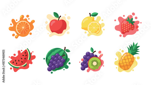 Colorful fruit splash icons for juice and smoothie branding