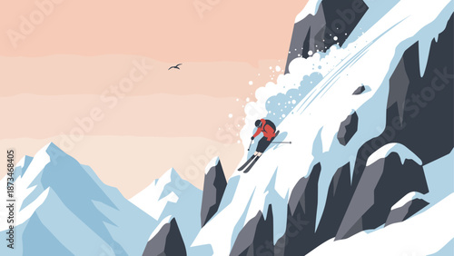 Daring skier descends snowy mountain with precision and speed at sunset