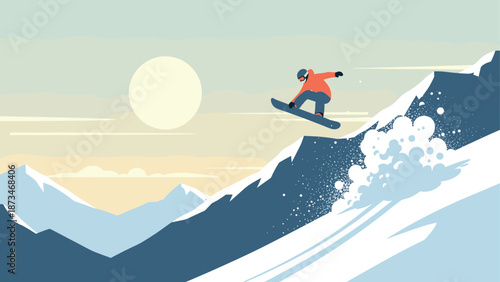 Snowboarder performing jump on mountain slope in minimalist winter landscape