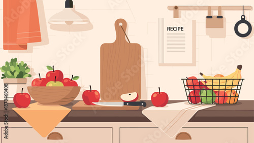 Cozy kitchen counter with fresh fruit and cutting board decor in flat style