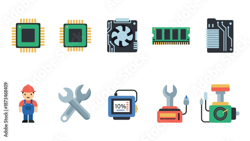 Detailed flat icons of computer components and repair tools for tech enthusiasts