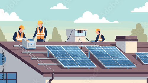 Team of engineers installing solar panels on rooftop with clear sky background