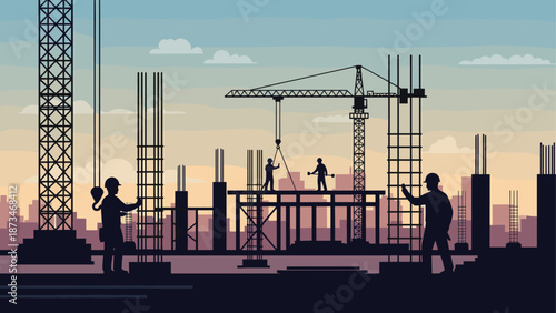 Construction site at sunset with workers and cranes in silhouette style