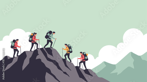 Hikers climbing mountain peaks with hiking sticks in minimalist style