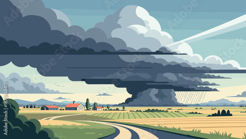 Dramatic storm clouds over rural landscape with fields and distant mountains