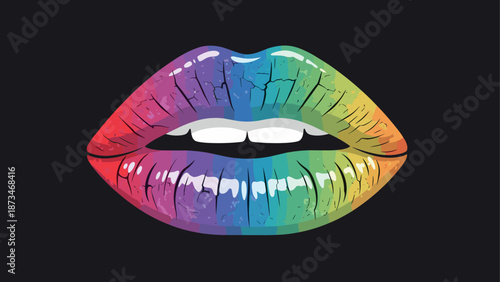 Vibrant rainbow lips on black background with glossy finish