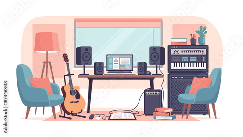 Cozy home music studio with guitar, speakers, and synthesizer in flat design