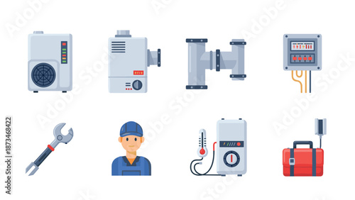 Industrial equipment icons featuring heating systems and repair tools