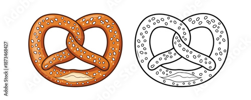 Traditional salted soft pretzel illustration in cartoon style with golden brown crust and salt crystals for octoberfest or bakery design concept isolated
