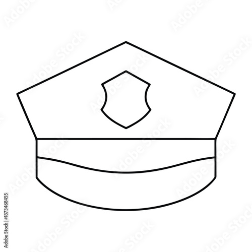 Simple black and white outline drawing of a classic police officer peaked cap featuring a central badge shape ready for coloring or design customization.