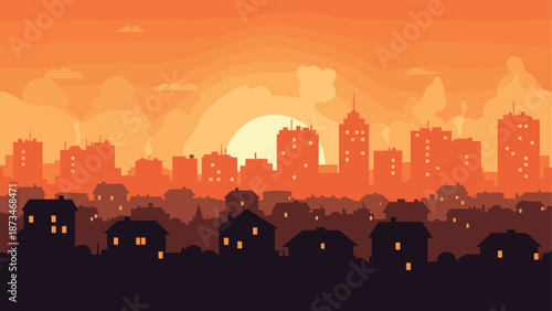 Urban sunset silhouette: cityscape against an orange sky with glowing windows