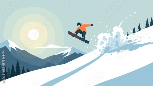 Dynamic snowboarding adventure: stylish flat design on a crisp winter morning