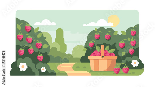 Lush raspberry garden scene with basket full of fresh fruit