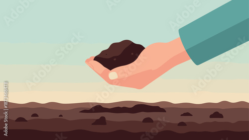Hand holding soil amidst barren land scene: environmental conservation and agriculture