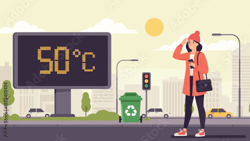 City heatwave: woman endures record temperatures in urban setting with extreme weather