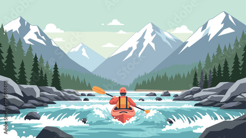 Adventurous kayaking in serene mountain river landscape with pine forest and snowy peaks