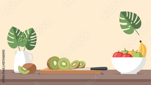 Colorful fruit and tropical leaves in modern flat design