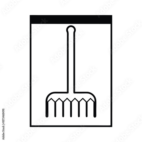 Simple black and white icon representing a garden rake tool suitable for cleaning leaves and debris in landscaping or outdoor maintenance graphics and signage