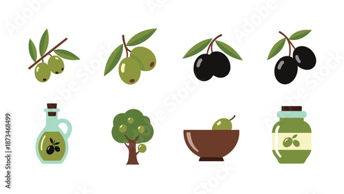 Flat olive design set: olives, branches, and products in simple style