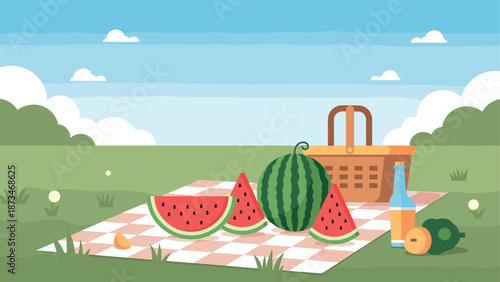 Summer picnic scene with watermelon and basket on checkered blanket in sunny park