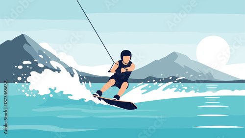 Dynamic wakeboarding adventure in scenic mountain lake setting