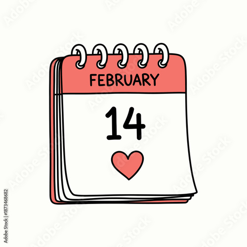 Handdrawn Valentine'sDay calendar doodle. February 14th love reminder vector illustration.