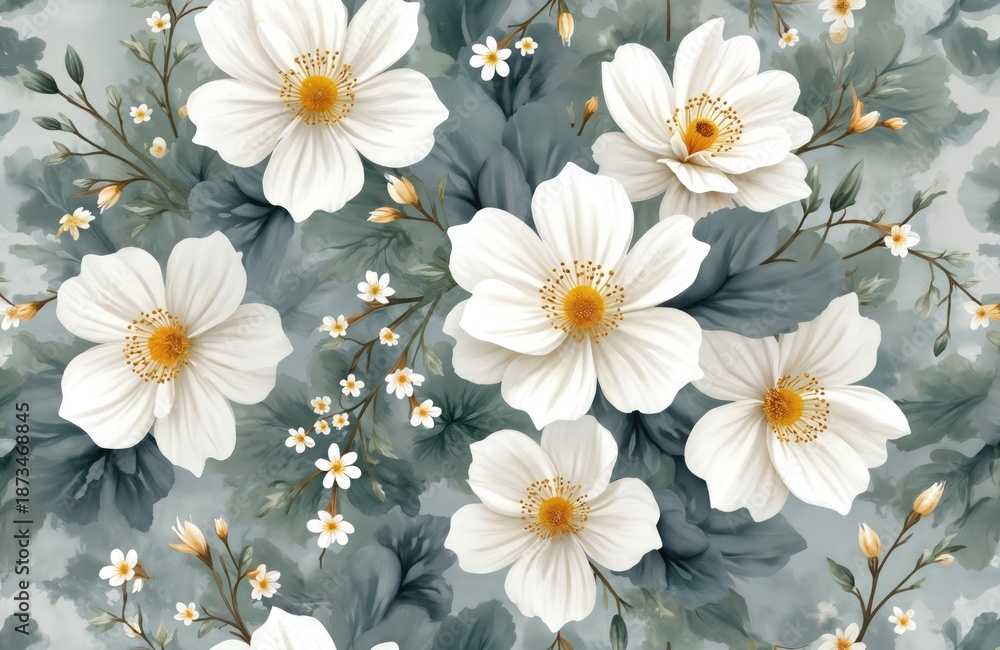 Fototapeta premium Seamless pattern featuring large white anemone flowers with yellow centers and delicate green leaves. Smaller white blossoms and buds add depth to this elegant botanical design.
