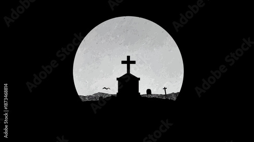 Eerie full moon illuminating a graveyard silhouette with a Christian cross and tombstones at night, spooky Halloween concept.