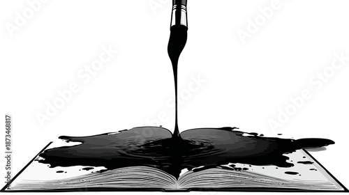 Paintbrush dripping thick black ink onto an open book. Concept of creative writing, storytelling, imagination, knowledge, and artistic expression.