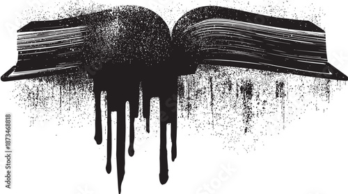 Artistic grunge open book with dripping black ink. Distressed illustration for dark literature, forbidden knowledge, or artistic concepts.