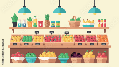 Cozy market scene with fresh fruits and vegetables displayed on wooden shelves