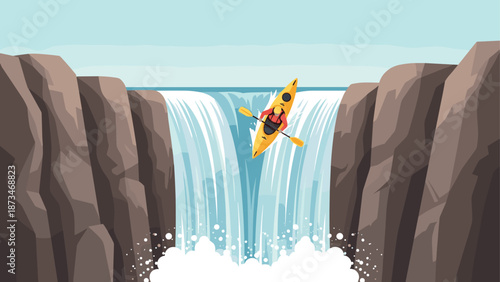 Kayaking adventure over majestic waterfall in flat graphic style